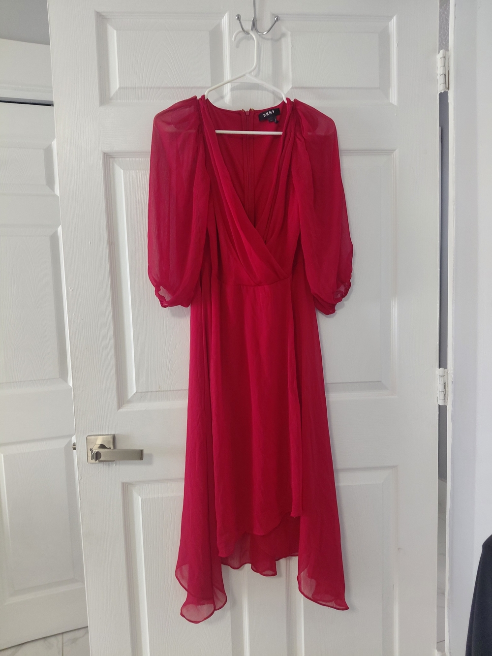 DKNYC Fuchsia High-Low Sheer Puff-Sleeve Dress